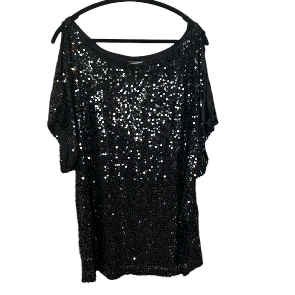 Adrianna Papell Black sequin formal cold shoulder plus size blouse top 3X